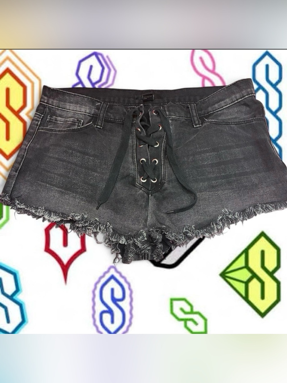 Forever 21 Black Lace-Up Frayed Denim High Waist Shorts Goth Grunge NWOT Sz 30